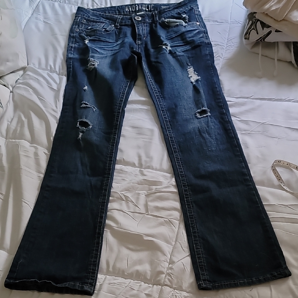 Hydraulic Blue Boot Cut Jeans with Distressed Details